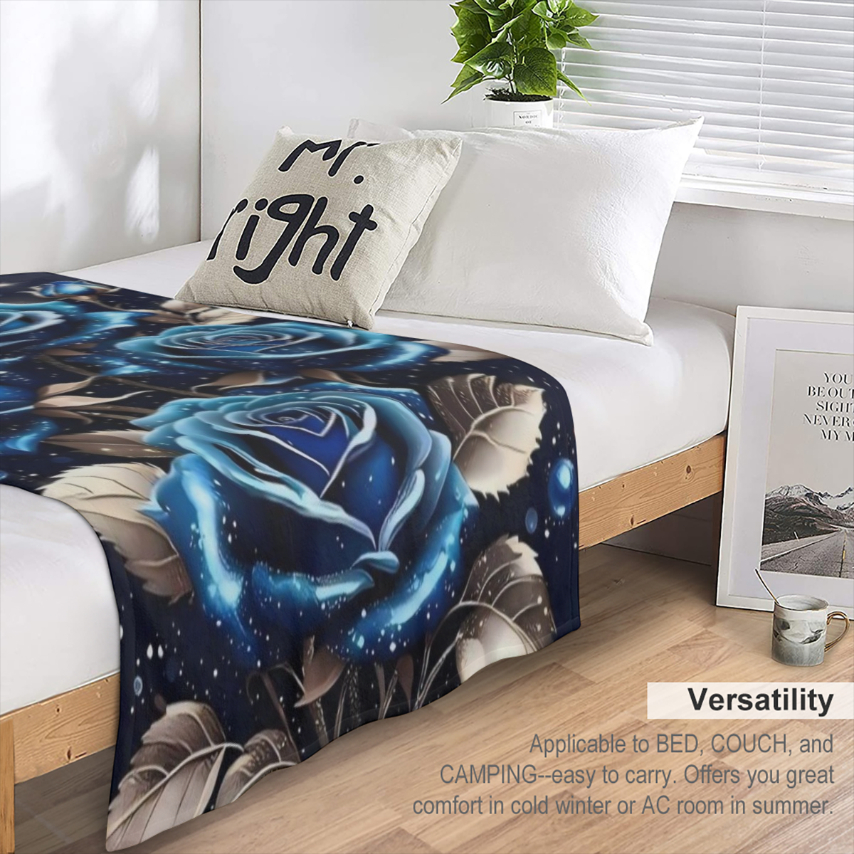 Contemporary Style Dreamy Blue Rose Print Blanket - Lightweight Polyester for Sofa, Bed, Travel, Camping, Living Room, Office, Sofa Chair, and Bed - Digital Printed Fleece - Soft Warm Polyester Fabric