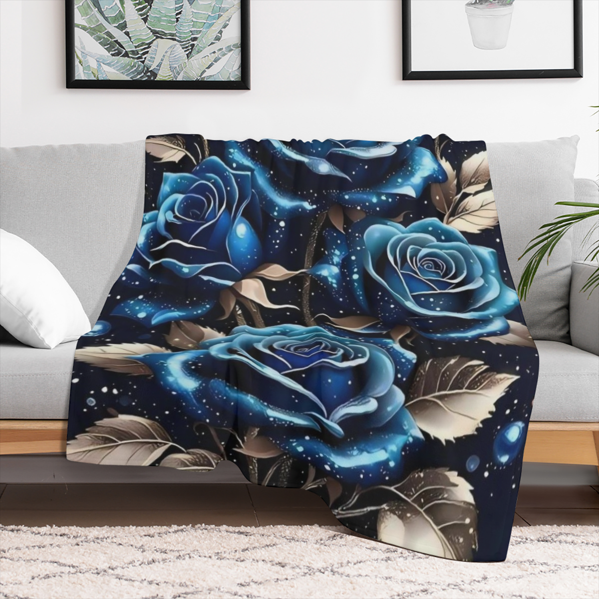 Contemporary Style Dreamy Blue Rose Print Blanket - Lightweight Polyester for Sofa, Bed, Travel, Camping, Living Room, Office, Sofa Chair, and Bed - Digital Printed Fleece - Soft Warm Polyester Fabric