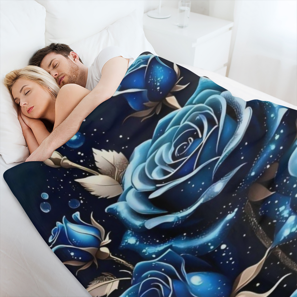 Contemporary Style Dreamy Blue Rose Print Blanket - Lightweight Polyester for Sofa, Bed, Travel, Camping, Living Room, Office, Sofa Chair, and Bed - Digital Printed Fleece - Soft Warm Polyester Fabric