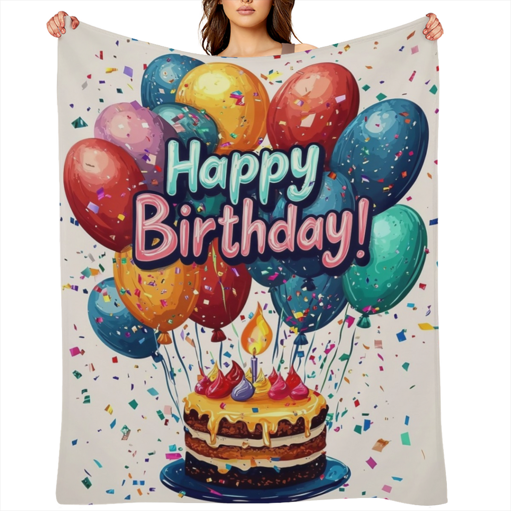 1pc Happy Birthday Fluffy Fleece Blanket with Colorful Balloons & Cake Design - Soft OutdoorIndoor Blanket for Home Decor, Parties, and Special Occasions, Outdoor Blanket Vibrant Blanket Design Flanne