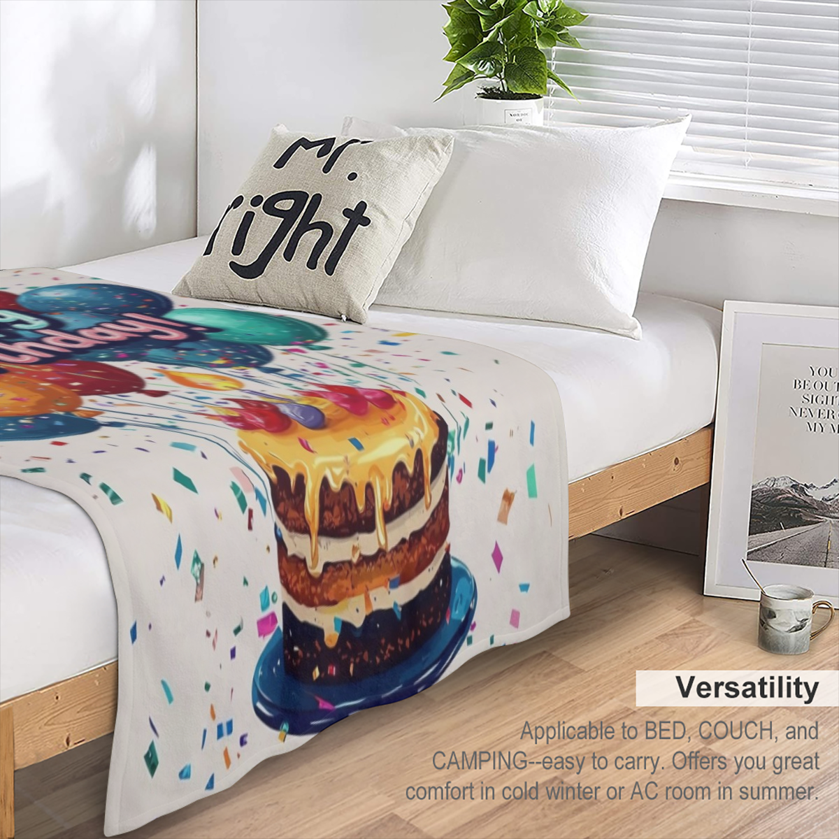 1pc Happy Birthday Fluffy Fleece Blanket with Colorful Balloons & Cake Design - Soft OutdoorIndoor Blanket for Home Decor, Parties, and Special Occasions, Outdoor Blanket Vibrant Blanket Design Flanne