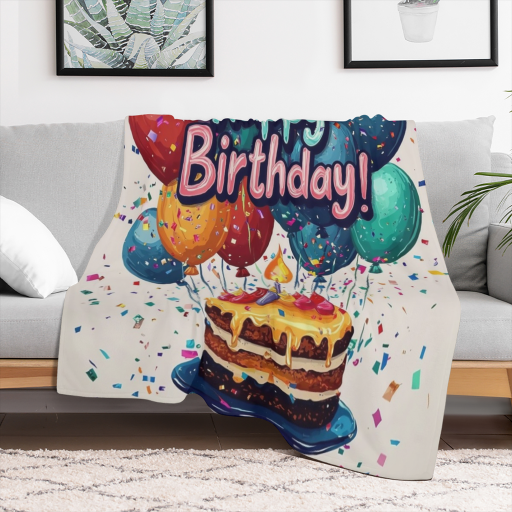 1pc Happy Birthday Fluffy Fleece Blanket with Colorful Balloons & Cake Design - Soft OutdoorIndoor Blanket for Home Decor, Parties, and Special Occasions, Outdoor Blanket Vibrant Blanket Design Flanne