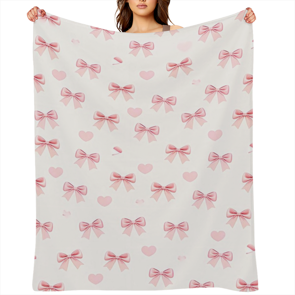 1pc Pink Bowknots Blanket Pastel Pink Bow Print Design Perfect for Bedroom Decor Living Room Decor Girls Room Decor Wedding Decor Baby Shower Decor and Valentine' s Day Decor.