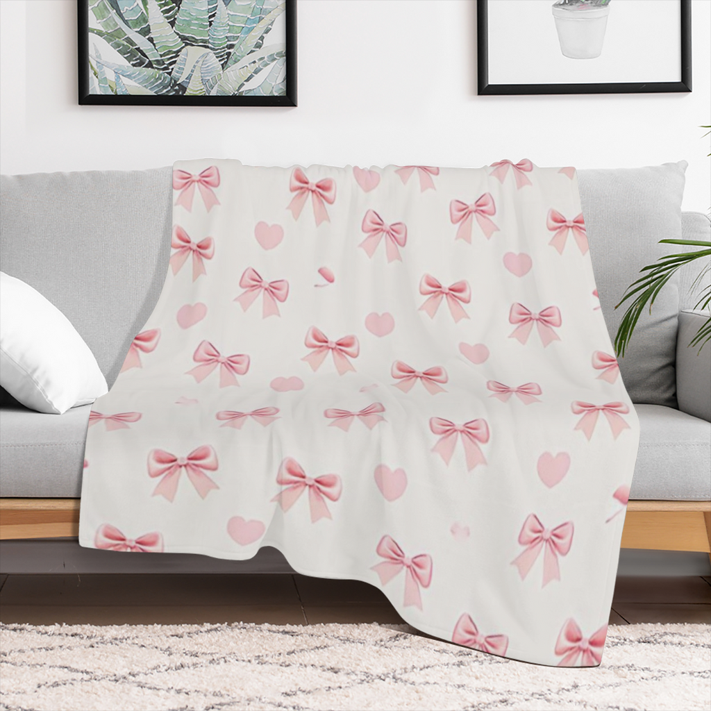 1pc Pink Bowknots Blanket Pastel Pink Bow Print Design Perfect for Bedroom Decor Living Room Decor Girls Room Decor Wedding Decor Baby Shower Decor and Valentine' s Day Decor.