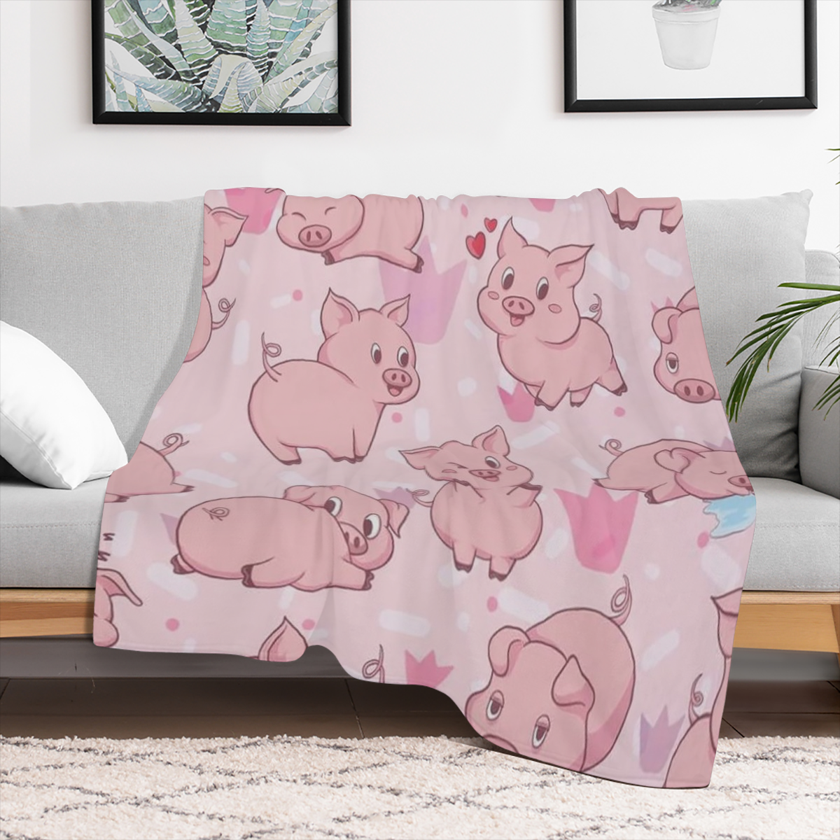 1pc Vintage Pig Pattern Flannel Fleece Throw Blanket - All-Season Knit Fabric, Multipurpose, Sanded Craftsmanship, 100 Polyester, Tear Resistant, Digital Print, Soft, Comfortable, Warm for Bed Couch T