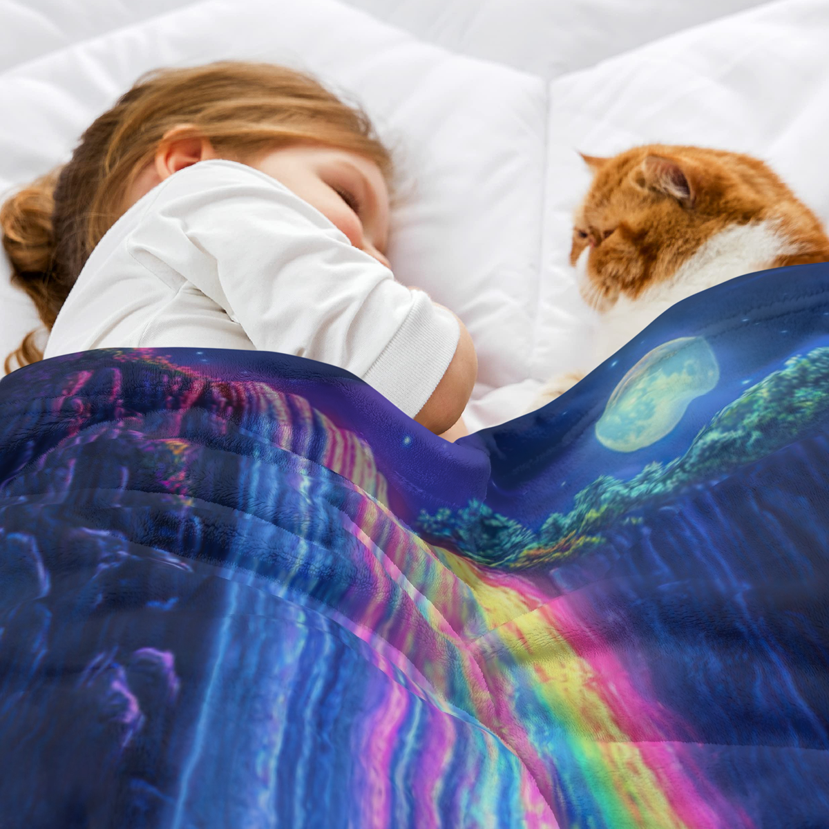 Colorful Stream Waterfall & Moonlit Forest Flannel Throw Blanket - Ultra-Soft 280GSM All-Season Polyester, Contemporary Design for Couch, Bed, Camping, Office - Cozy Home Decor Gift
