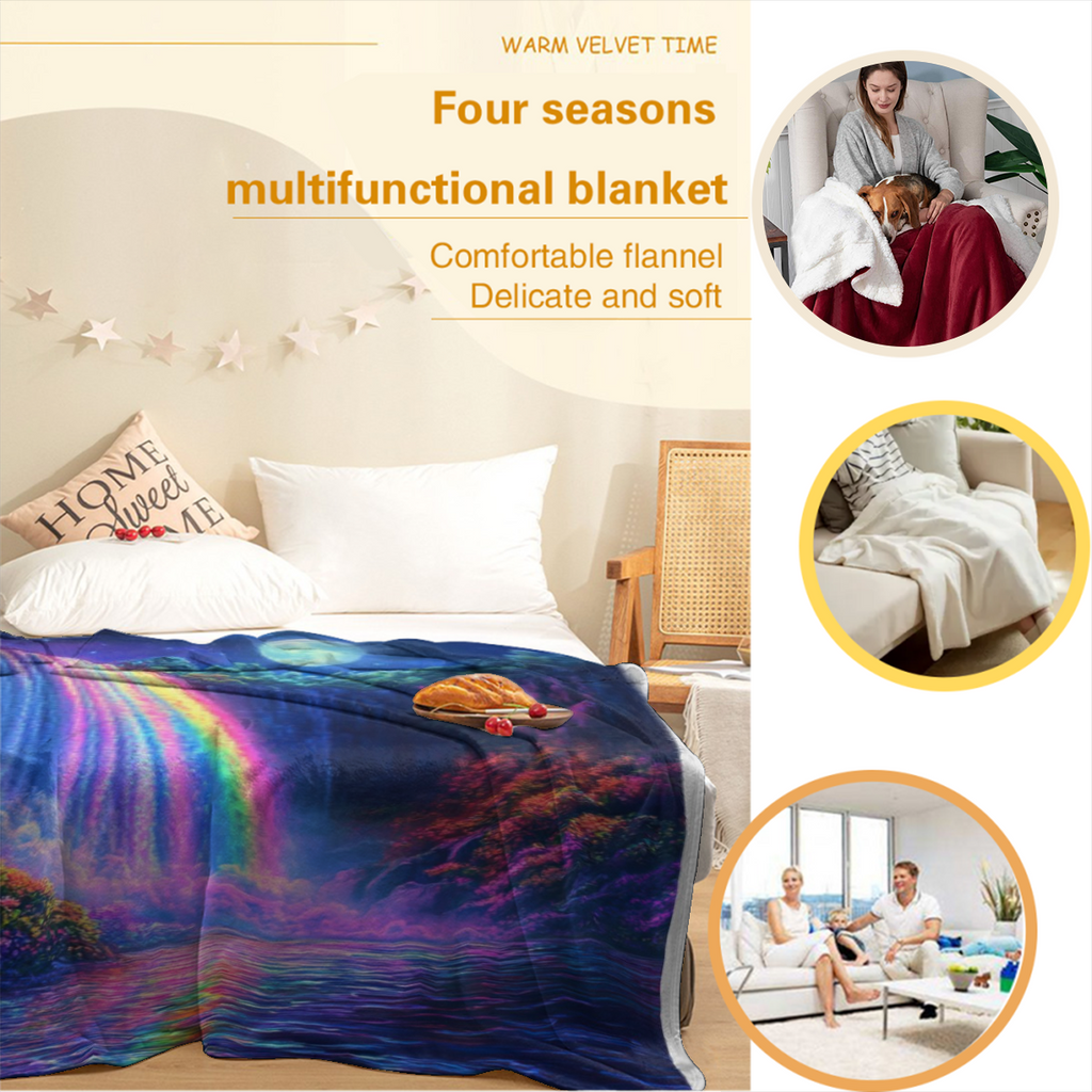 Colorful Stream Waterfall & Moonlit Forest Flannel Throw Blanket - Ultra-Soft 280GSM All-Season Polyester, Contemporary Design for Couch, Bed, Camping, Office - Cozy Home Decor Gift