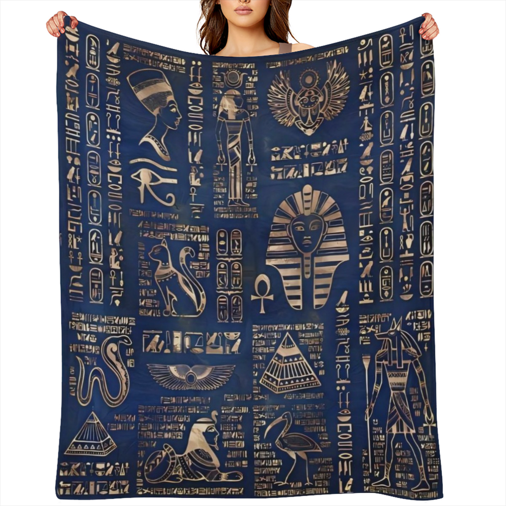 Antique Charm Vintage Egyptian Print Flannel Throw Blanket - Soft Warm Cozy for Couch Bed Office and Travel Machine Washable
