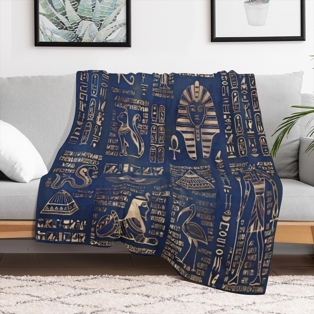 Antique Charm Vintage Egyptian Print Flannel Throw Blanket - Soft Warm Cozy for Couch Bed Office and Travel Machine Washable