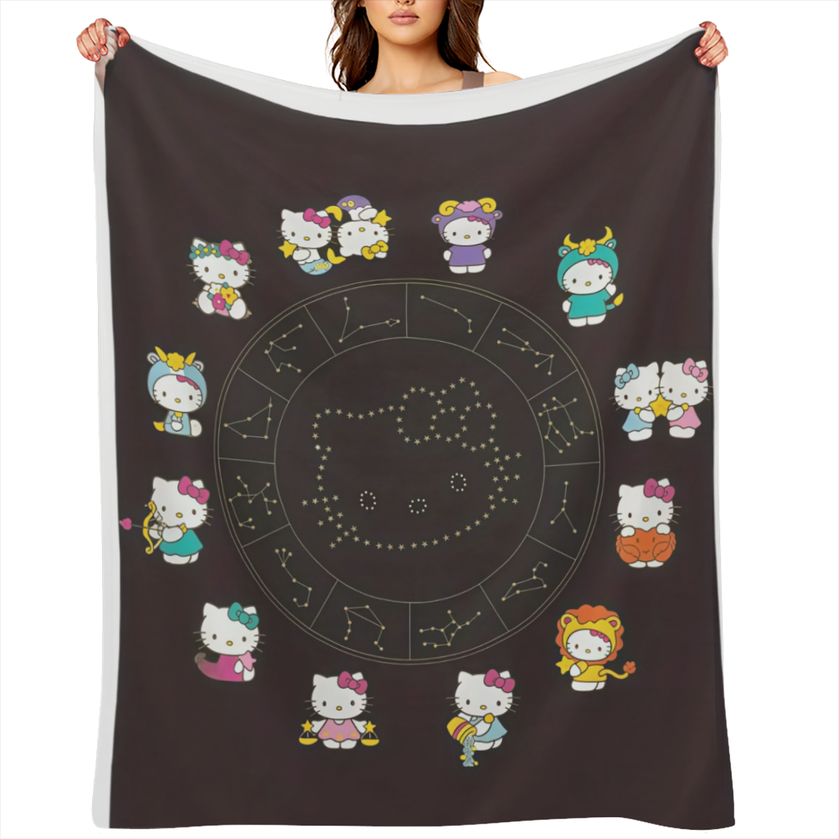 1pc Sanrio Hello Kitty Constellation Flannel Blanket Soft, Cozy, All- Season Throw with Zodiac Signs & Playing Card Design, Perfect for Family Room or Gift for Fans and Friends, Hello Kitty Blanket
