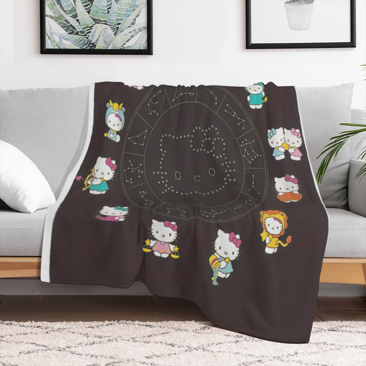 1pc Sanrio Hello Kitty Constellation Flannel Blanket Soft, Cozy, All- Season Throw with Zodiac Signs & Playing Card Design, Perfect for Family Room or Gift for Fans and Friends, Hello Kitty Blanket