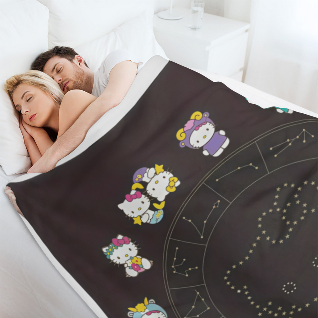 1pc Sanrio Hello Kitty Constellation Flannel Blanket Soft, Cozy, All- Season Throw with Zodiac Signs & Playing Card Design, Perfect for Family Room or Gift for Fans and Friends, Hello Kitty Blanket