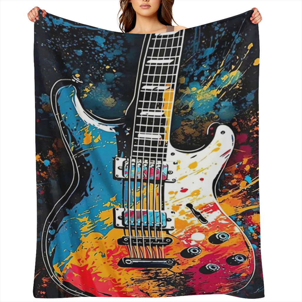 1pc Polyester Guitar Print blanket - vintage graffiti style, perfect for sofas, beds, offices and travel - comfortable and warm all season throw - perfect for pets, home decor, holiday gifts - Large s