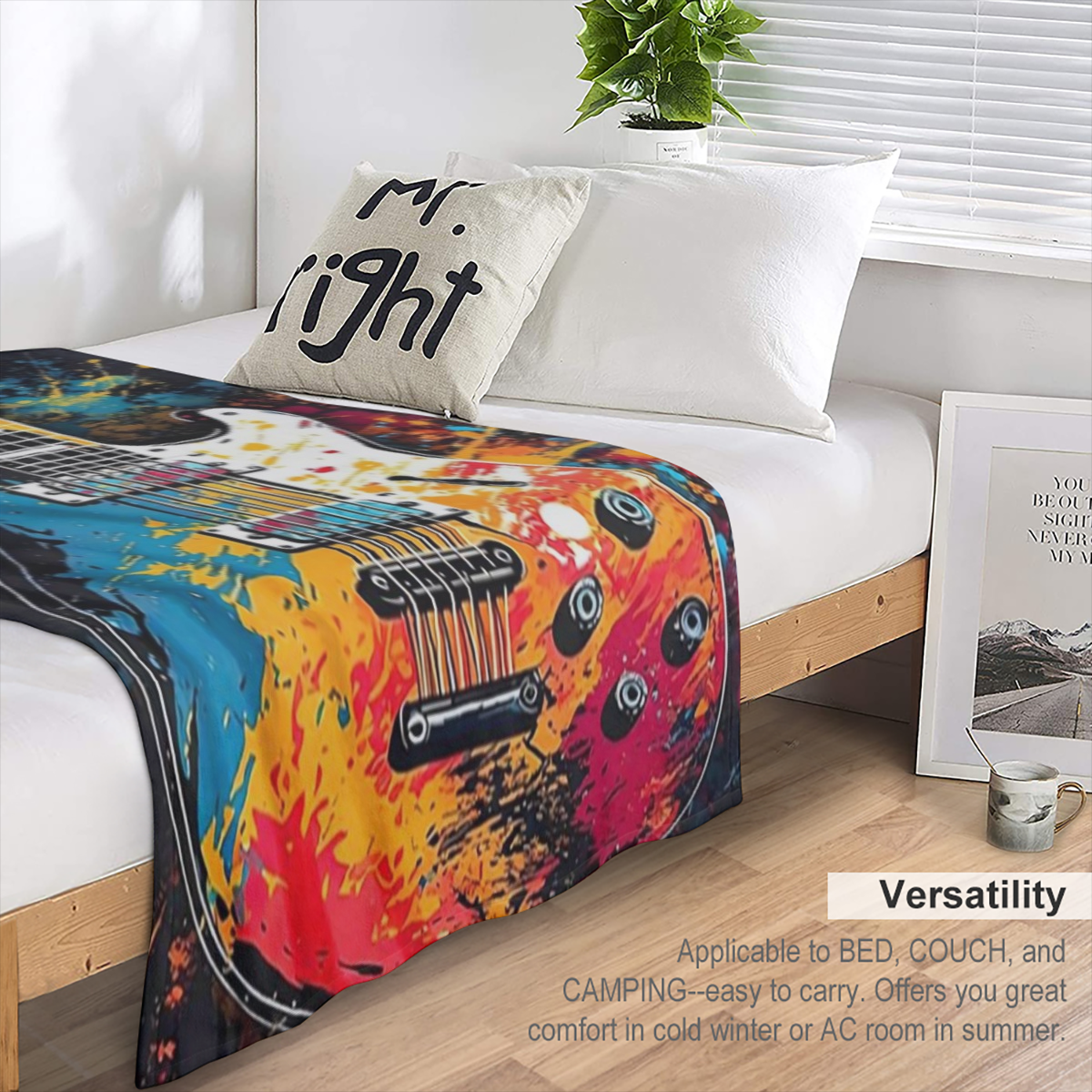 1pc Polyester Guitar Print blanket - vintage graffiti style, perfect for sofas, beds, offices and travel - comfortable and warm all season throw - perfect for pets, home decor, holiday gifts - Large s