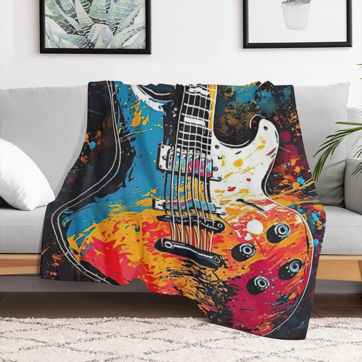 1pc Polyester Guitar Print blanket - vintage graffiti style, perfect for sofas, beds, offices and travel - comfortable and warm all season throw - perfect for pets, home decor, holiday gifts - Large s