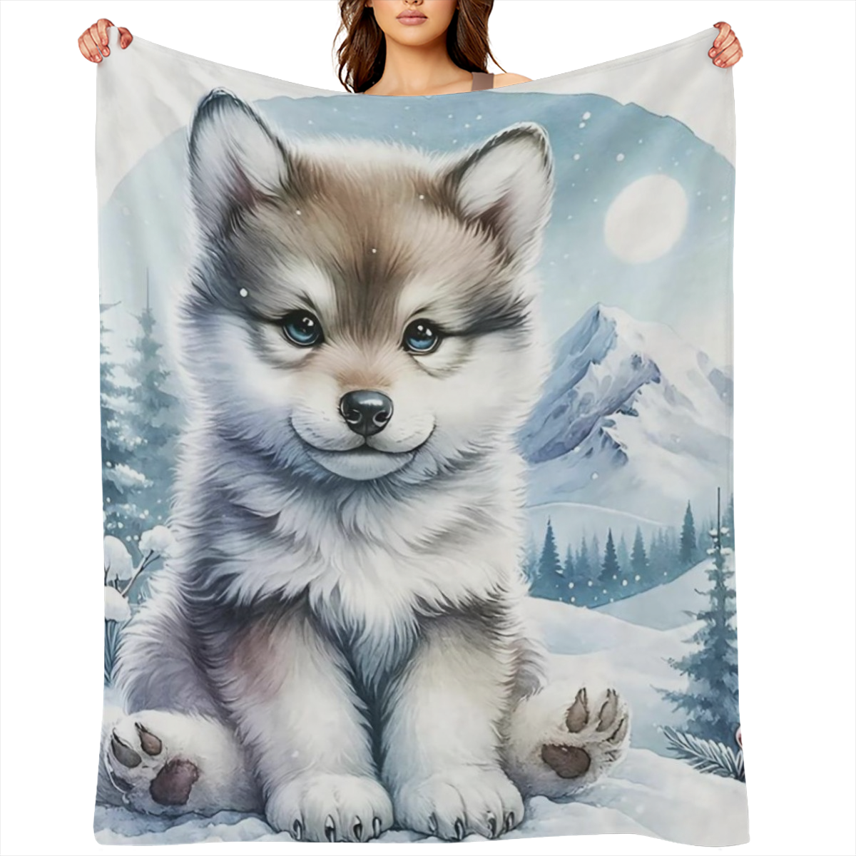 1pc Warm Gift - FLuffy Wolfdog In The Snow Cute Fun Print Flannel Blanket, Soft Warm Cozy Skin- friendly Machine Washable Blanket For Sofa Bed Car Camping Office Home Decor, Multipurpose Gift Blanket