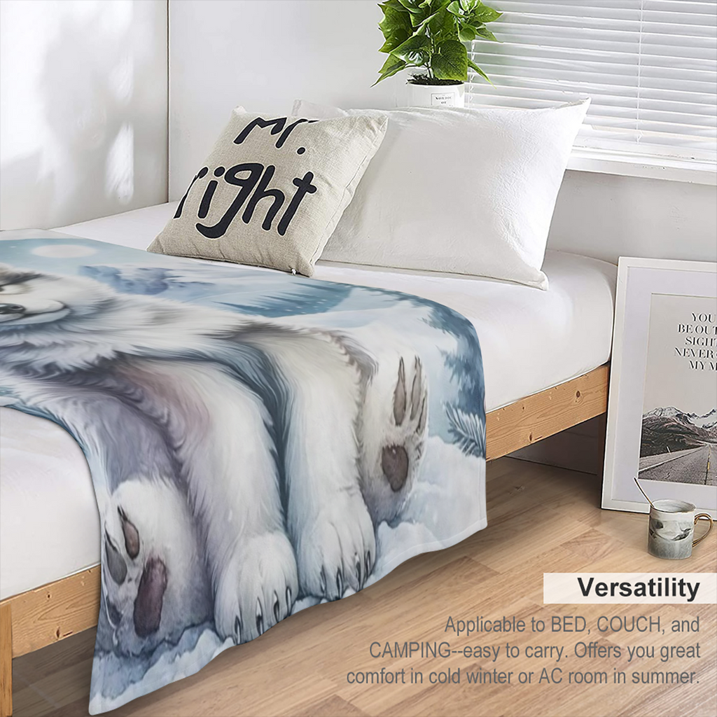 1pc Warm Gift - FLuffy Wolfdog In The Snow Cute Fun Print Flannel Blanket, Soft Warm Cozy Skin- friendly Machine Washable Blanket For Sofa Bed Car Camping Office Home Decor, Multipurpose Gift Blanket