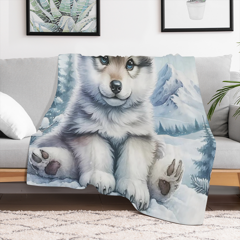 1pc Warm Gift - FLuffy Wolfdog In The Snow Cute Fun Print Flannel Blanket, Soft Warm Cozy Skin- friendly Machine Washable Blanket For Sofa Bed Car Camping Office Home Decor, Multipurpose Gift Blanket