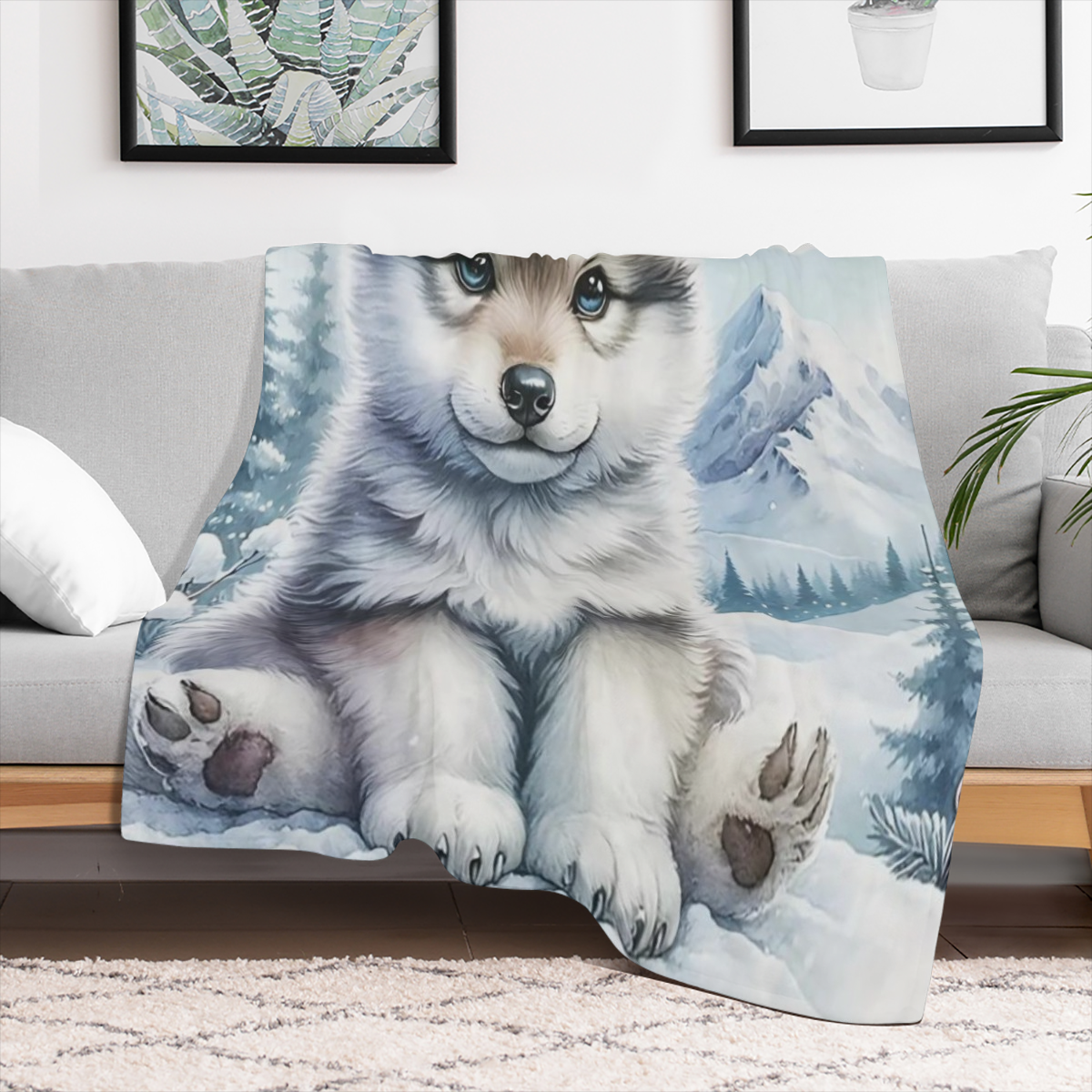 1pc Warm Gift - FLuffy Wolfdog In The Snow Cute Fun Print Flannel Blanket, Soft Warm Cozy Skin- friendly Machine Washable Blanket For Sofa Bed Car Camping Office Home Decor, Multipurpose Gift Blanket