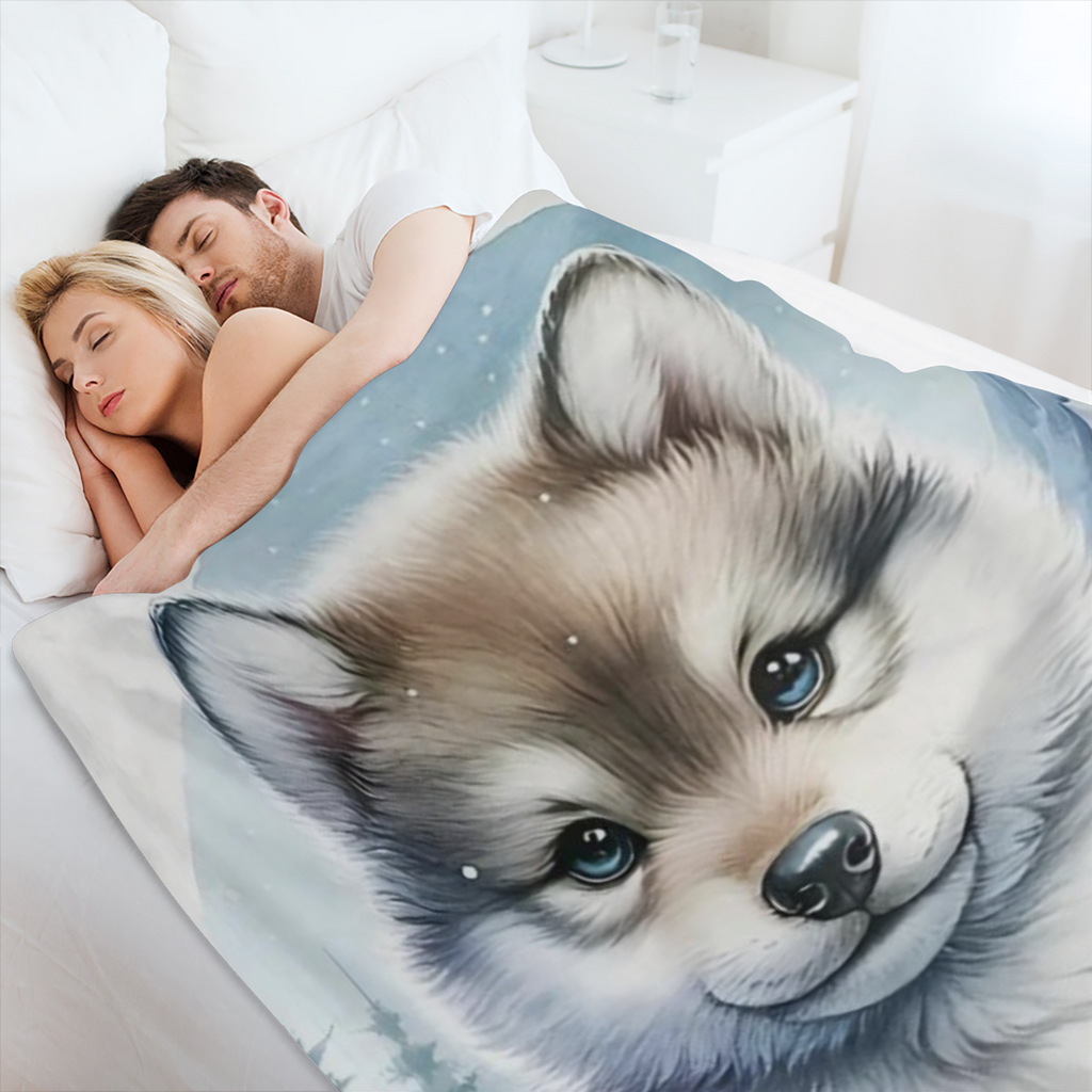 1pc Warm Gift - FLuffy Wolfdog In The Snow Cute Fun Print Flannel Blanket, Soft Warm Cozy Skin- friendly Machine Washable Blanket For Sofa Bed Car Camping Office Home Decor, Multipurpose Gift Blanket