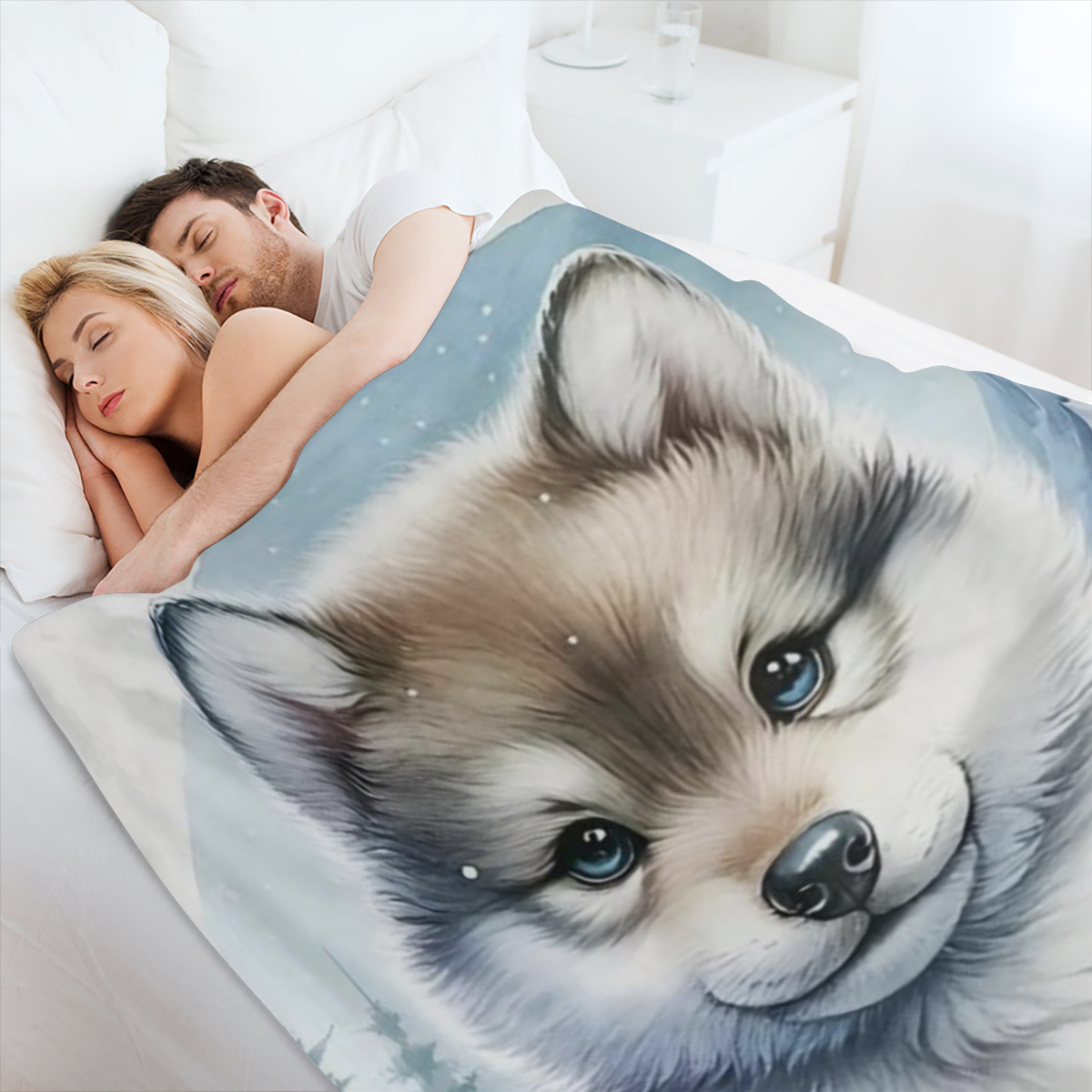 1pc Warm Gift - FLuffy Wolfdog In The Snow Cute Fun Print Flannel Blanket, Soft Warm Cozy Skin- friendly Machine Washable Blanket For Sofa Bed Car Camping Office Home Decor, Multipurpose Gift Blanket