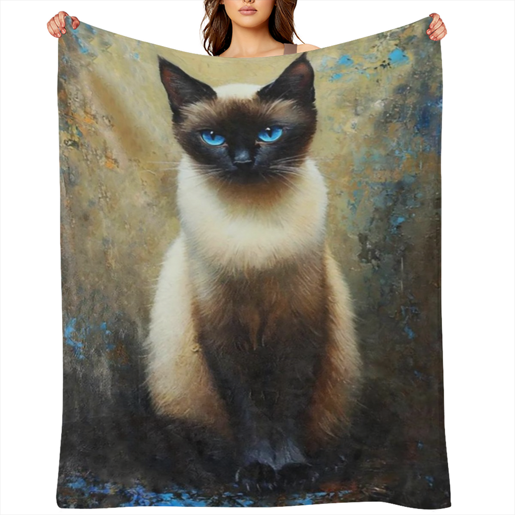 1pc Siamese Cat Print Fleece Throw Blanket, Mixed Colors, Knitted Polyester, Digital Print, All- Season, Anti- Tear, Versatile for Home, Beach, Camp, Sofa, Pet, Office, Living Room Decor, Gift for Afr