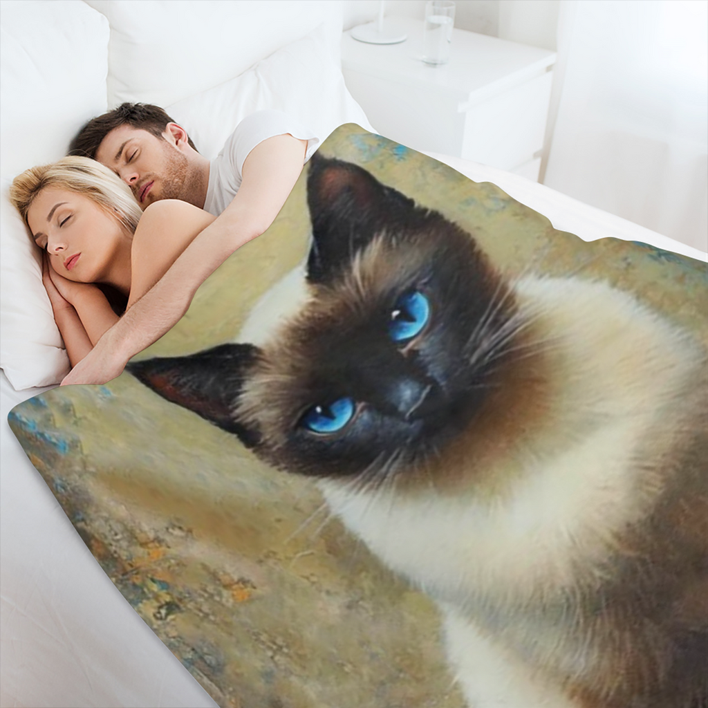1pc Siamese Cat Print Fleece Throw Blanket, Mixed Colors, Knitted Polyester, Digital Print, All- Season, Anti- Tear, Versatile for Home, Beach, Camp, Sofa, Pet, Office, Living Room Decor, Gift for Afr