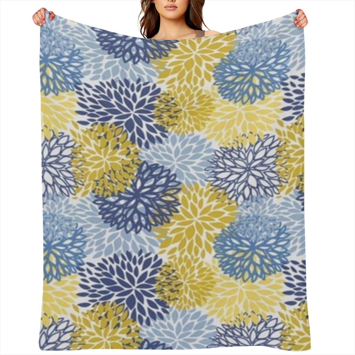 Blue Yellow Navy Chrysanthemum Flowers Fleece Throw Blanket Ultra Soft Cozy Decorative Flannel Blanket All Season for Home Bed Couch Chair Travel 50x40in, 280GSM CozyFlannel MultiSizes, 4 Sizes Availa