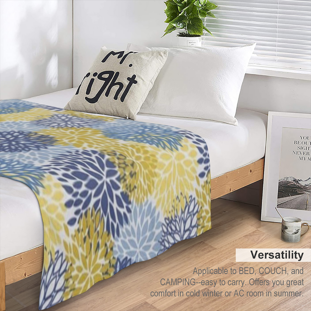 Blue Yellow Navy Chrysanthemum Flowers Fleece Throw Blanket Ultra Soft Cozy Decorative Flannel Blanket All Season for Home Bed Couch Chair Travel 50x40in, 280GSM CozyFlannel MultiSizes, 4 Sizes Availa