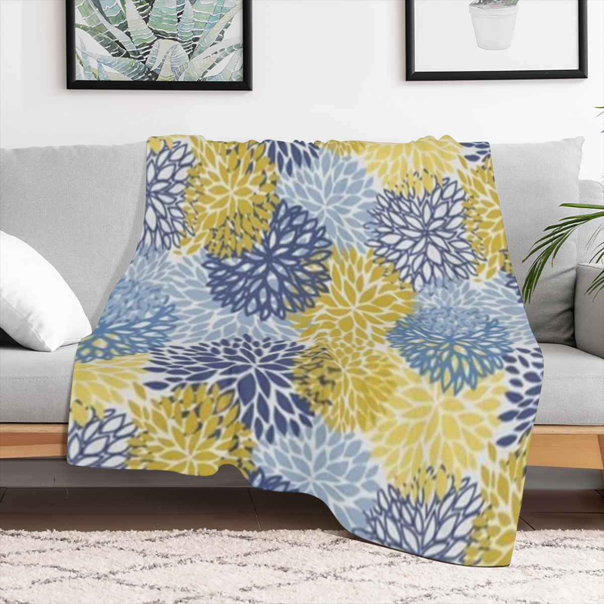 Blue Yellow Navy Chrysanthemum Flowers Fleece Throw Blanket Ultra Soft Cozy Decorative Flannel Blanket All Season for Home Bed Couch Chair Travel 50x40in, 280GSM CozyFlannel MultiSizes, 4 Sizes Availa