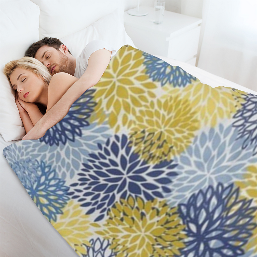 Blue Yellow Navy Chrysanthemum Flowers Fleece Throw Blanket Ultra Soft Cozy Decorative Flannel Blanket All Season for Home Bed Couch Chair Travel 50x40in, 280GSM CozyFlannel MultiSizes, 4 Sizes Availa