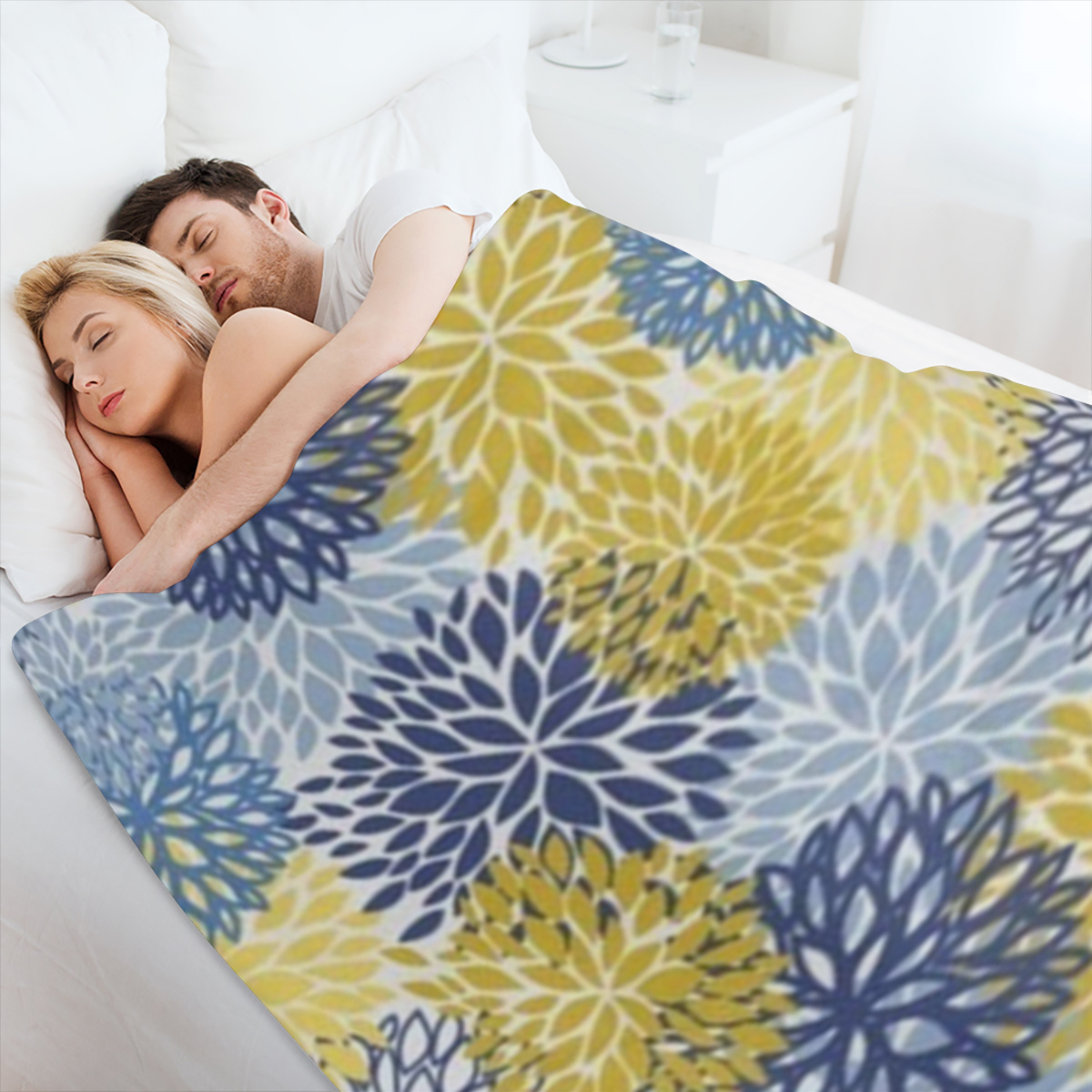 Blue Yellow Navy Chrysanthemum Flowers Fleece Throw Blanket Ultra Soft Cozy Decorative Flannel Blanket All Season for Home Bed Couch Chair Travel 50x40in, 280GSM CozyFlannel MultiSizes, 4 Sizes Availa