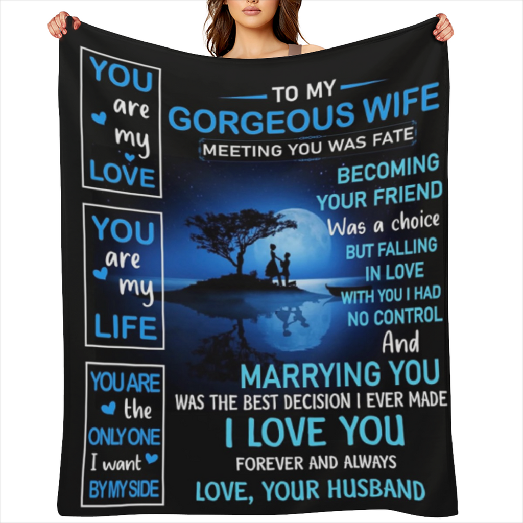 [Romantic Flannel] Flannel Blanket | 1pc | Romantic, Soft Blue & Black Design | Cozy All-Season Throw | for Wife, Birthday, Wedding, Christmas | with "I Love You" Heartfelt Message, Moonlit Tree Silho