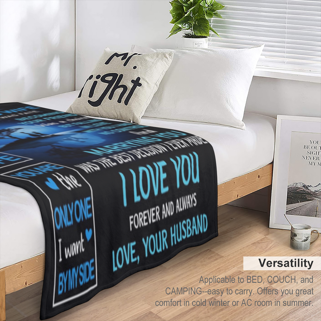 [Romantic Flannel] Flannel Blanket | 1pc | Romantic, Soft Blue & Black Design | Cozy All-Season Throw | for Wife, Birthday, Wedding, Christmas | with "I Love You" Heartfelt Message, Moonlit Tree Silho