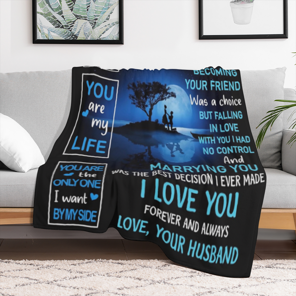 [Romantic Flannel] Flannel Blanket | 1pc | Romantic, Soft Blue & Black Design | Cozy All-Season Throw | for Wife, Birthday, Wedding, Christmas | with "I Love You" Heartfelt Message, Moonlit Tree Silho