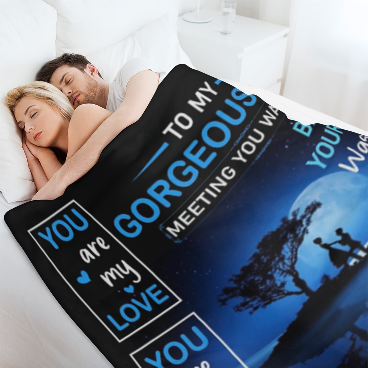 [Romantic Flannel] Flannel Blanket | 1pc | Romantic, Soft Blue & Black Design | Cozy All-Season Throw | for Wife, Birthday, Wedding, Christmas | with "I Love You" Heartfelt Message, Moonlit Tree Silho