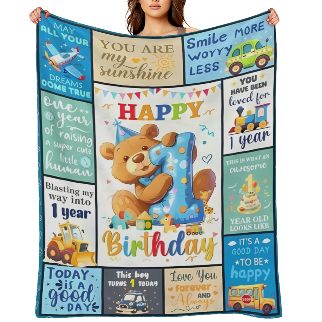 1st Birthday Teddy Bear Blanket for Boys, 50x40 Plush Flannel, Playful Design, Perfect for Milestone Celebrations & Cozy Nights