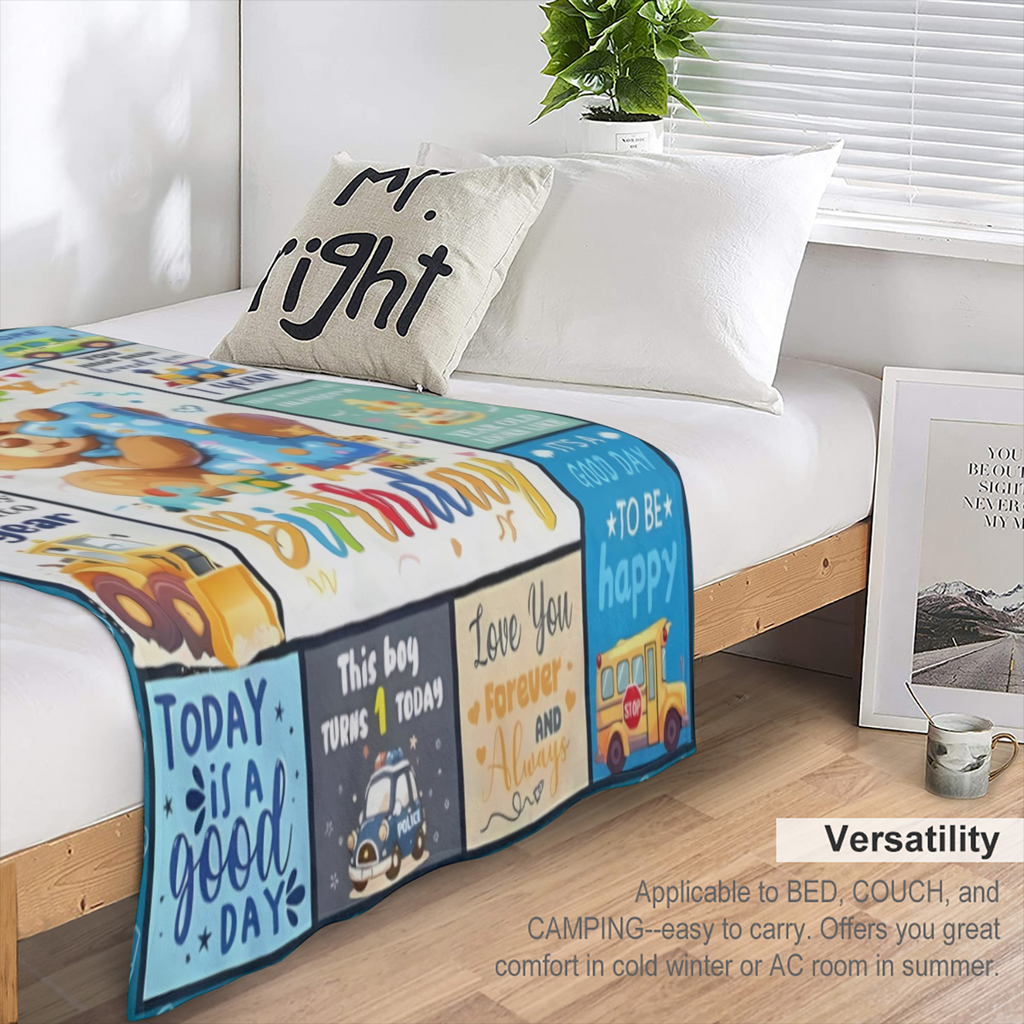 1st Birthday Teddy Bear Blanket for Boys, 50x40 Plush Flannel, Playful Design, Perfect for Milestone Celebrations & Cozy Nights