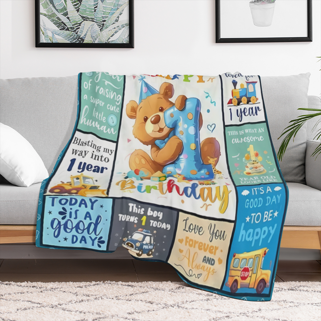 1st Birthday Teddy Bear Blanket for Boys, 50x40 Plush Flannel, Playful Design, Perfect for Milestone Celebrations & Cozy Nights