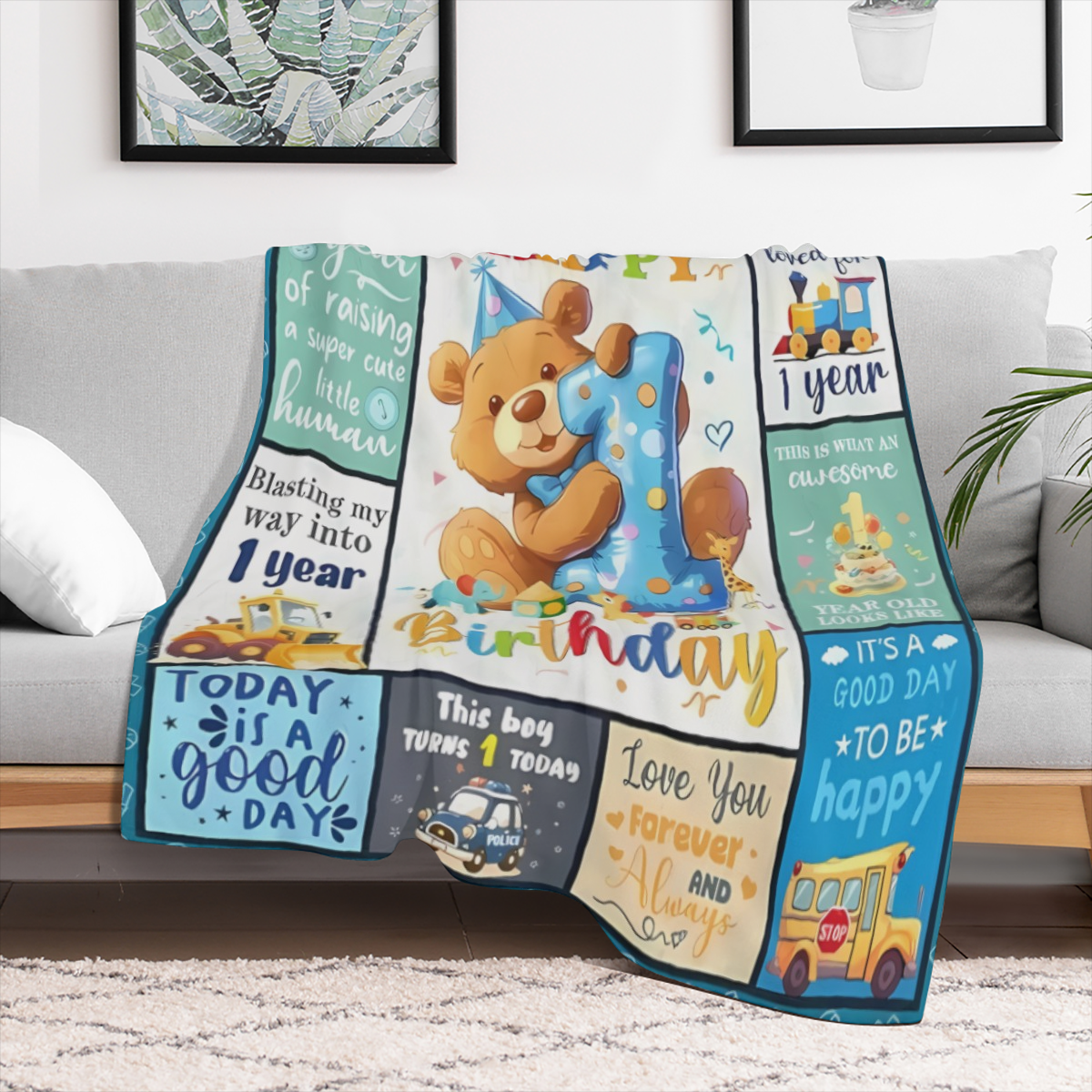 1st Birthday Teddy Bear Blanket for Boys, 50x40 Plush Flannel, Playful Design, Perfect for Milestone Celebrations & Cozy Nights