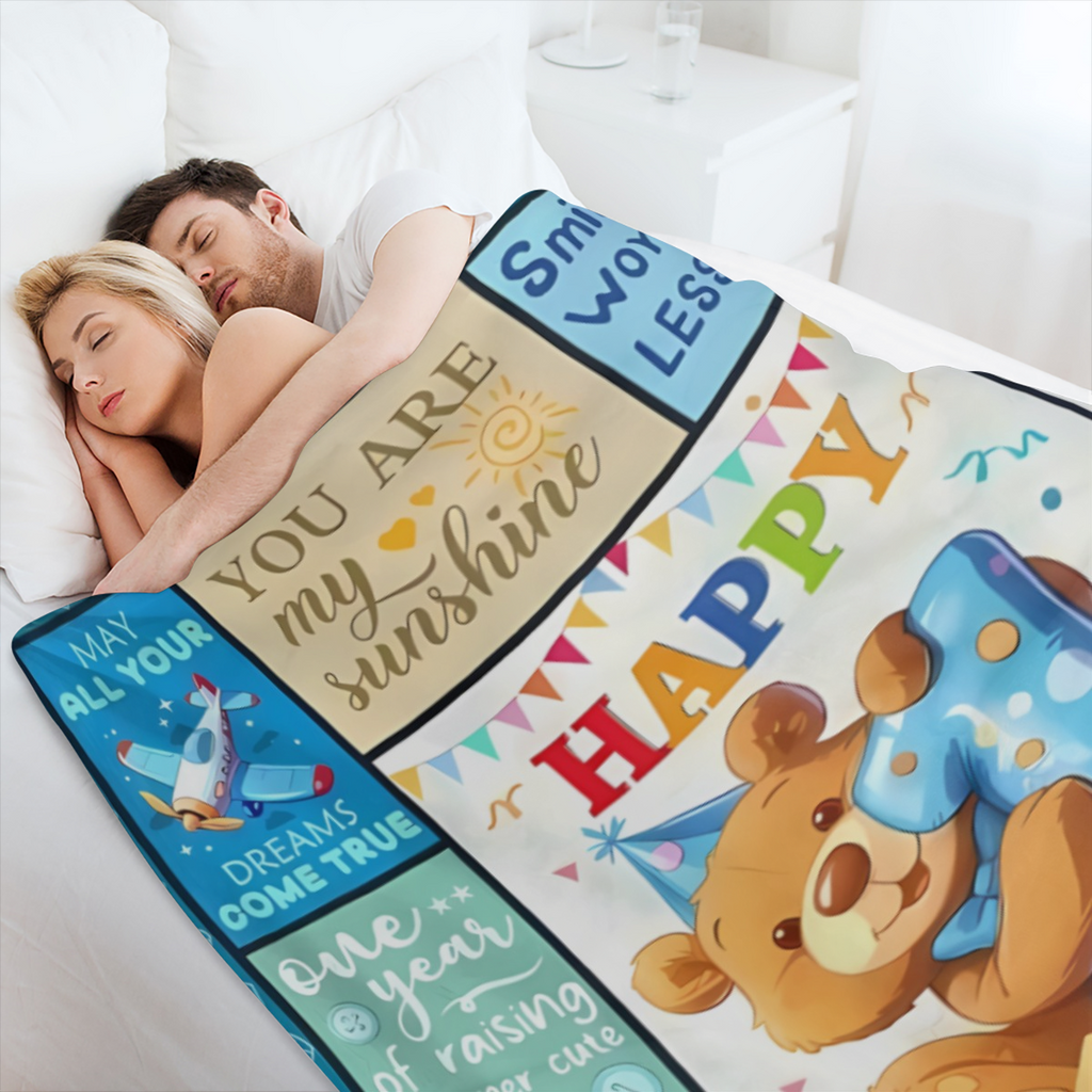 1st Birthday Teddy Bear Blanket for Boys, 50x40 Plush Flannel, Playful Design, Perfect for Milestone Celebrations & Cozy Nights