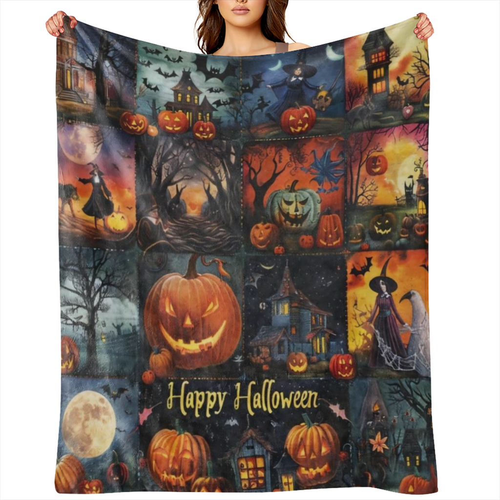 Cozy vintage Halloween Flannelette blanket - Witch, Pumpkin and Bat Castle pattern Soft and warm, suitable for sofa, bed, car, office, camping All seasons universal gift blanket, vintage style