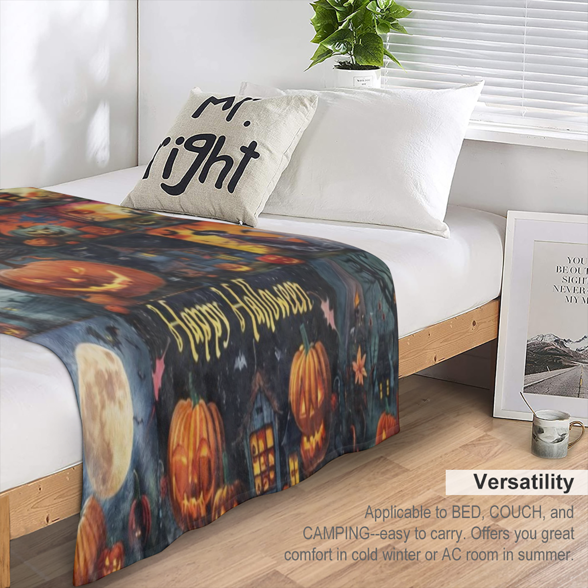 Cozy vintage Halloween Flannelette blanket - Witch, Pumpkin and Bat Castle pattern Soft and warm, suitable for sofa, bed, car, office, camping All seasons universal gift blanket, vintage style