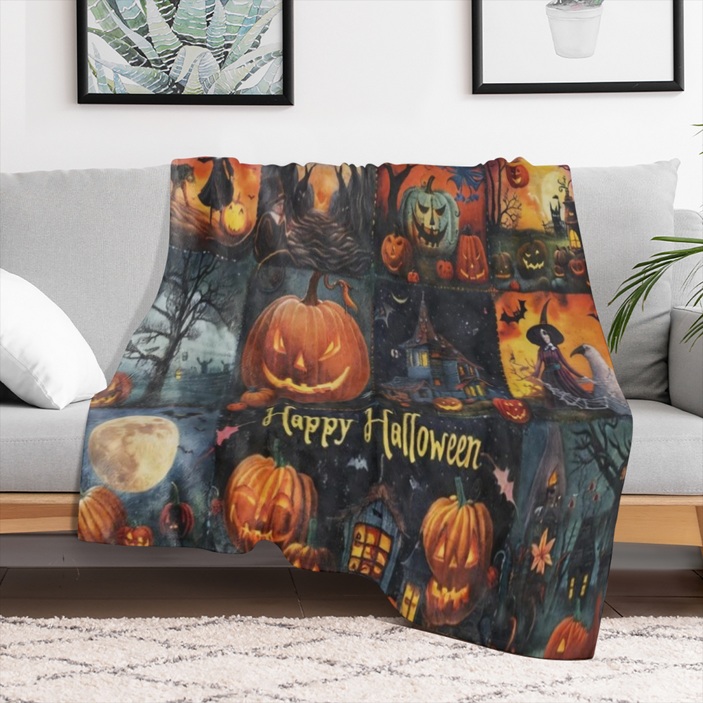 Cozy vintage Halloween Flannelette blanket - Witch, Pumpkin and Bat Castle pattern Soft and warm, suitable for sofa, bed, car, office, camping All seasons universal gift blanket, vintage style