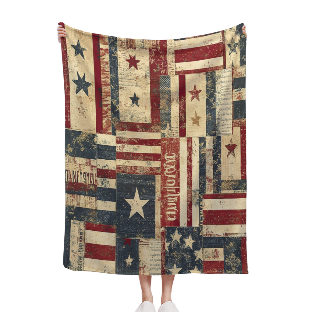 Vintage American Flag Throw Blanket - Red White Blue Star Stripes & Distressed Wood Texture Design, Ultra-Soft 280GSM Flannel All-Season Cozy Blanket for Couch, Bed, Sofa, Camping, Office - Patriotic
