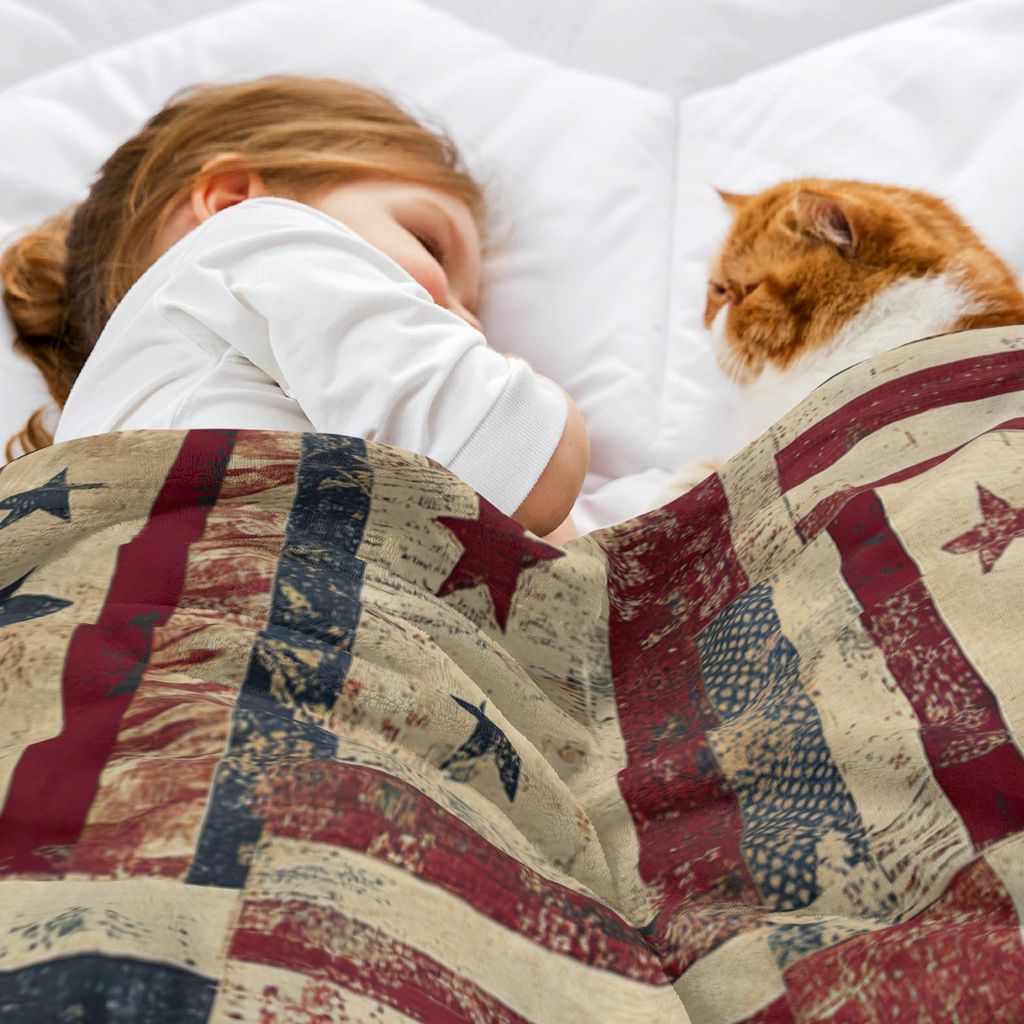 Vintage American Flag Throw Blanket - Red White Blue Star Stripes & Distressed Wood Texture Design, Ultra-Soft 280GSM Flannel All-Season Cozy Blanket for Couch, Bed, Sofa, Camping, Office - Patriotic