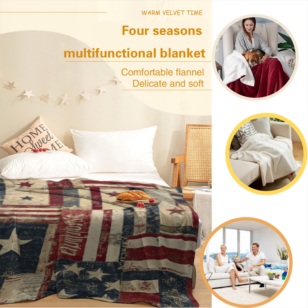 Vintage American Flag Throw Blanket - Red White Blue Star Stripes & Distressed Wood Texture Design, Ultra-Soft 280GSM Flannel All-Season Cozy Blanket for Couch, Bed, Sofa, Camping, Office - Patriotic