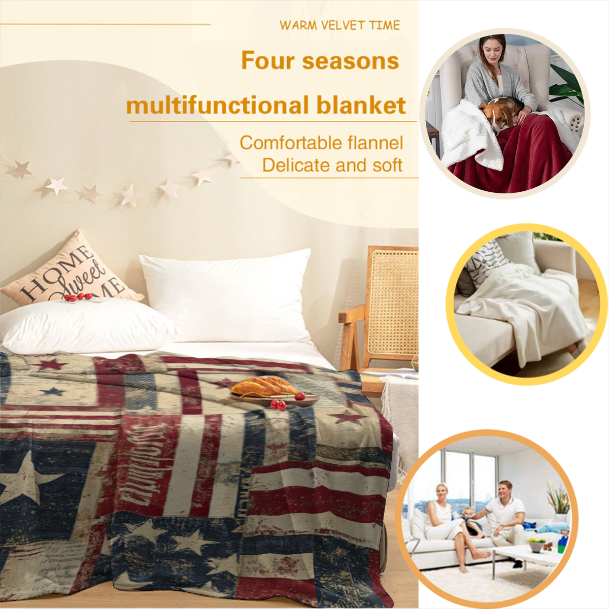 Vintage American Flag Throw Blanket - Red White Blue Star Stripes & Distressed Wood Texture Design, Ultra-Soft 280GSM Flannel All-Season Cozy Blanket for Couch, Bed, Sofa, Camping, Office - Patriotic