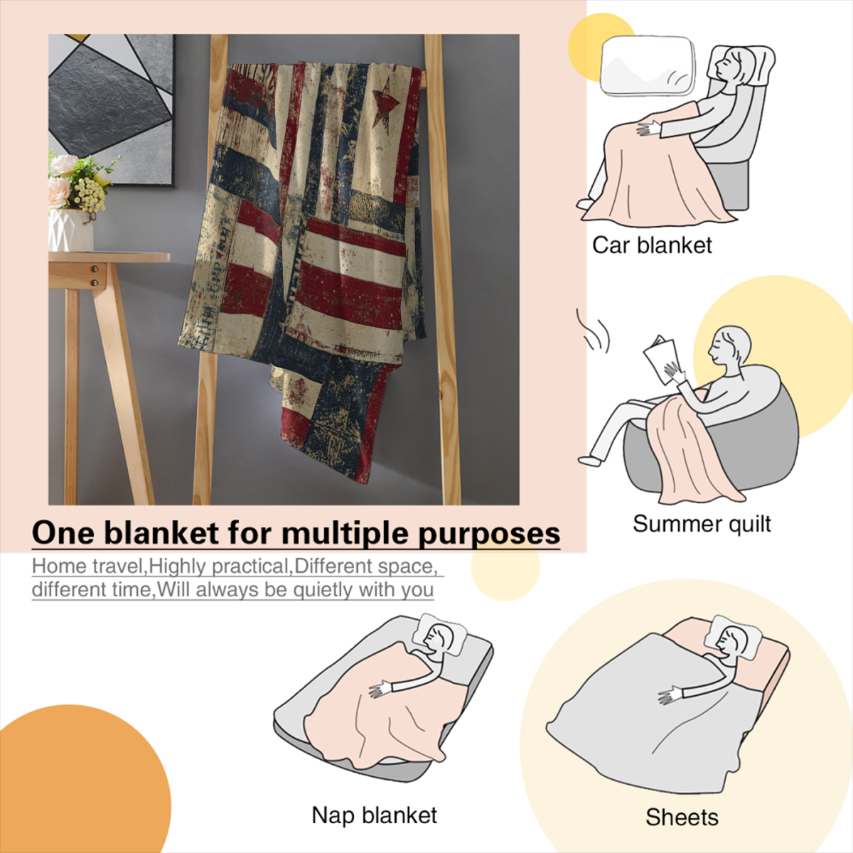 Vintage American Flag Throw Blanket - Red White Blue Star Stripes & Distressed Wood Texture Design, Ultra-Soft 280GSM Flannel All-Season Cozy Blanket for Couch, Bed, Sofa, Camping, Office - Patriotic