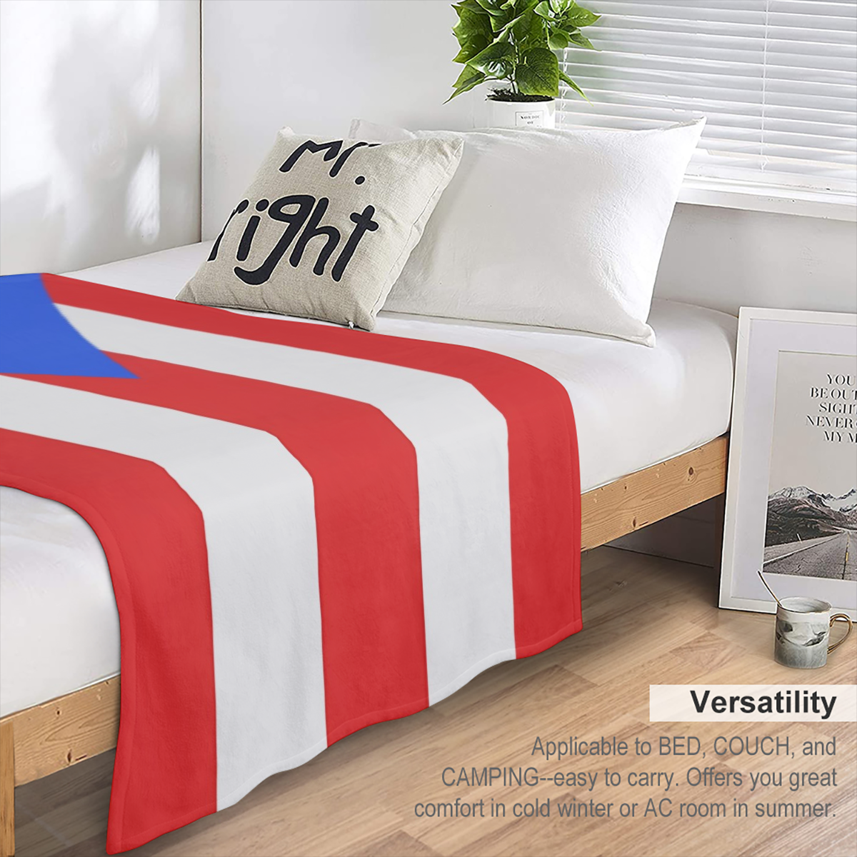 1pc Puerto Rico Flag Printed Adult Blanket Four Seasons Flannel Blanket Soft Warm Plush Blanket Sofa Bed Camping Travel Theater Ideal Flag Gift and Holiday Gift